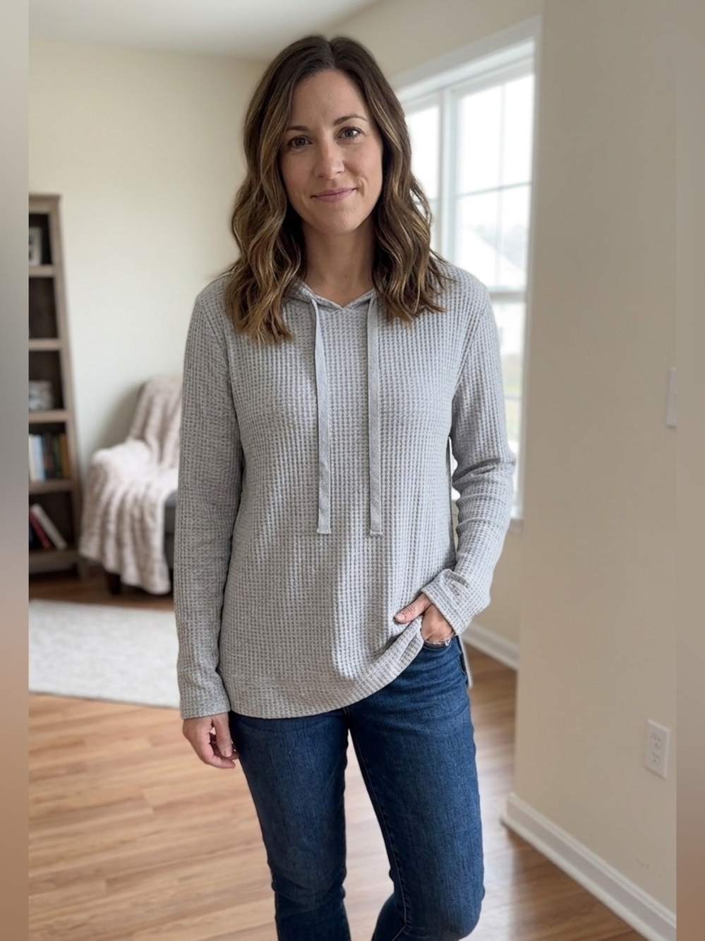 LOFT Gray Waffle Knit Hoodie Pullover NWT Women’s Large Lightweight